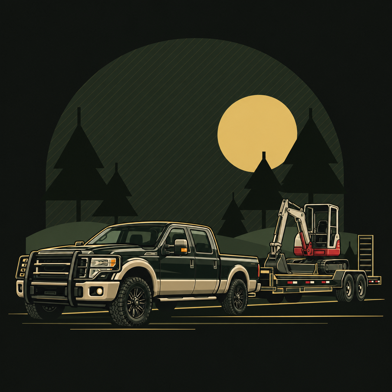 Illustration of the Booth Services black and tan truck with equipment trailer, pine trees and a gold sun